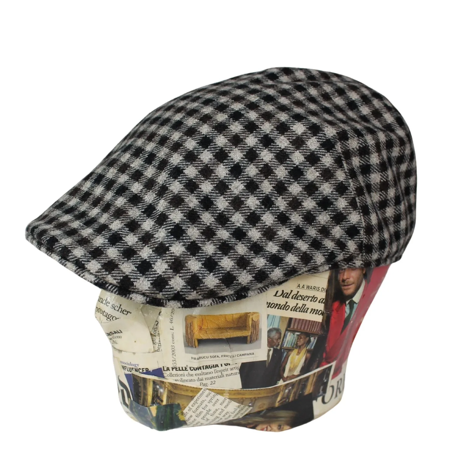 Berretto da uomo – Coppola slim in pura lana – Fantasia quadretti marrone – beige – nero